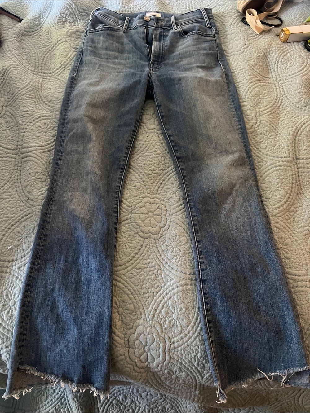 MOTHER Mid-Blue Frayed-Hem Straight Jeans